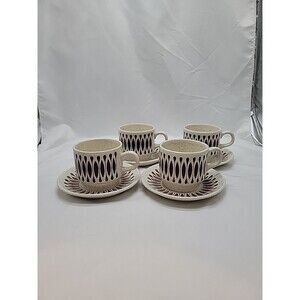 Biltons England Brown Speckled Geometric Floral Vntg Ironstone Cups And Saucers